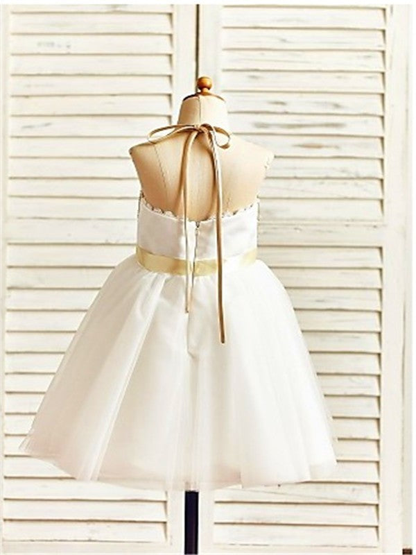 Sequin A-line/Princess Tulle Sleeveless Tea-Length Halter Flower Girl Dresses