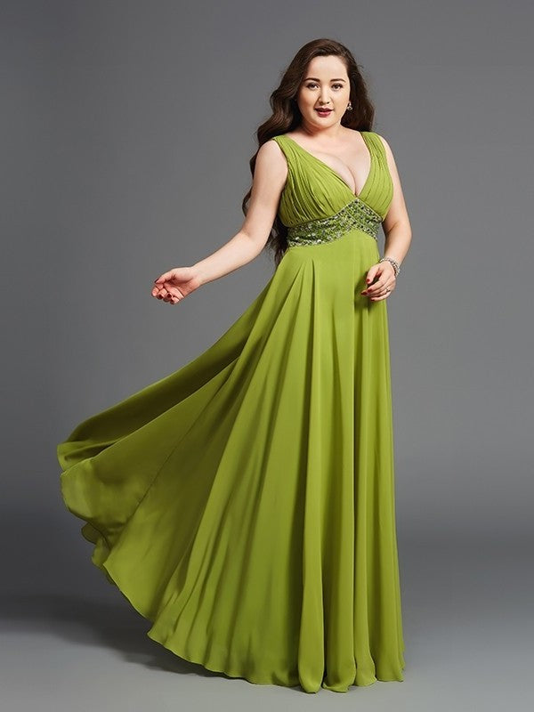 Chiffon Long Sleeveless Rhinestone Straps A-Line/Princess Plus Size Dresses