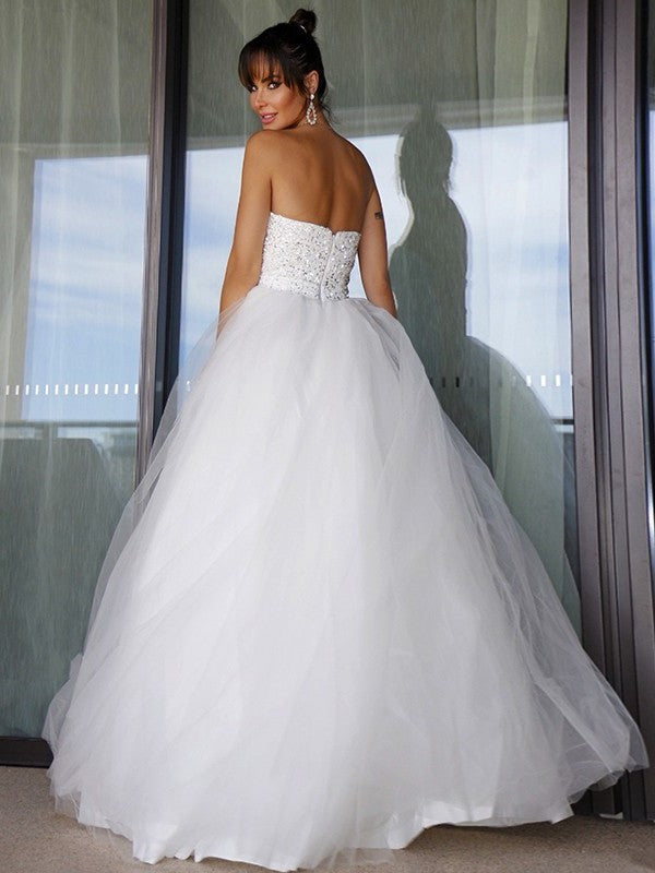 Sweetheart Sleeveless Ball Tulle Gown Bowknot Floor-Length Wedding Dresses