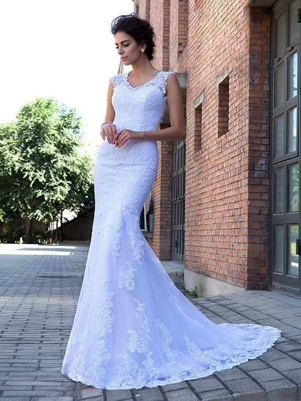 Trumpet/Mermaid Long V-neck Sleeveless Applique Satin Wedding Dresses