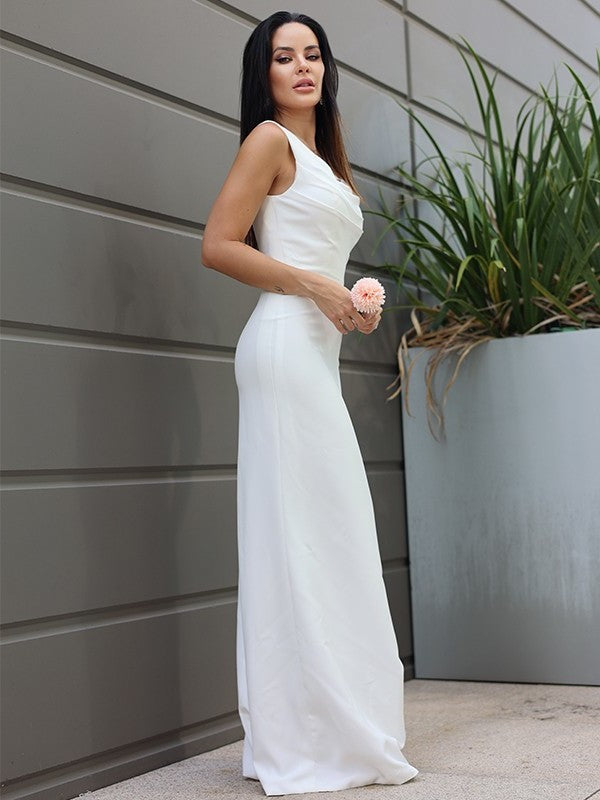 Sleeveless Straps Sheath/Column Stretch Crepe Ruched Floor-Length Wedding Dresses