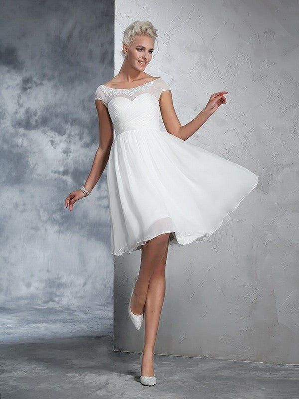 Ruched A-Line/Princess Short Sheer Short Neck Sleeves Chiffon Wedding Dresses