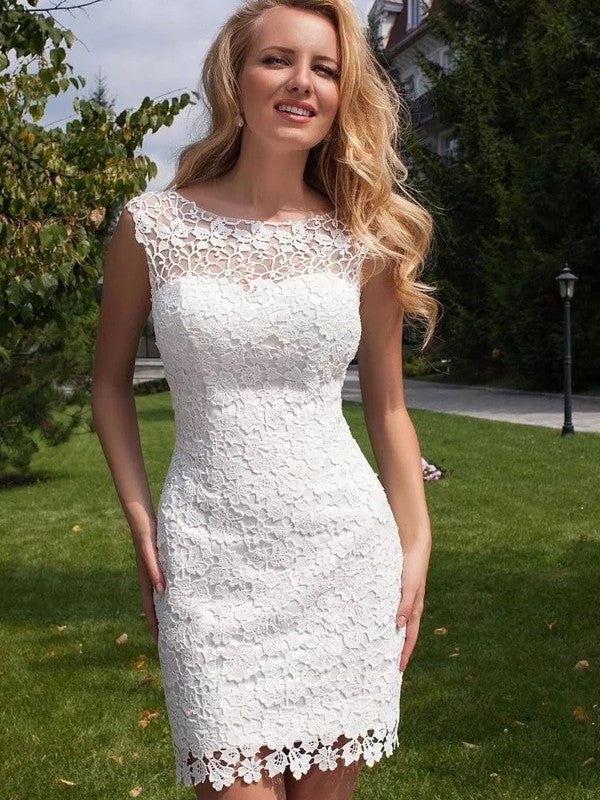 Scoop Floor-Length Sleeveless Sheath/Column Lace Tulle Wedding Dresses