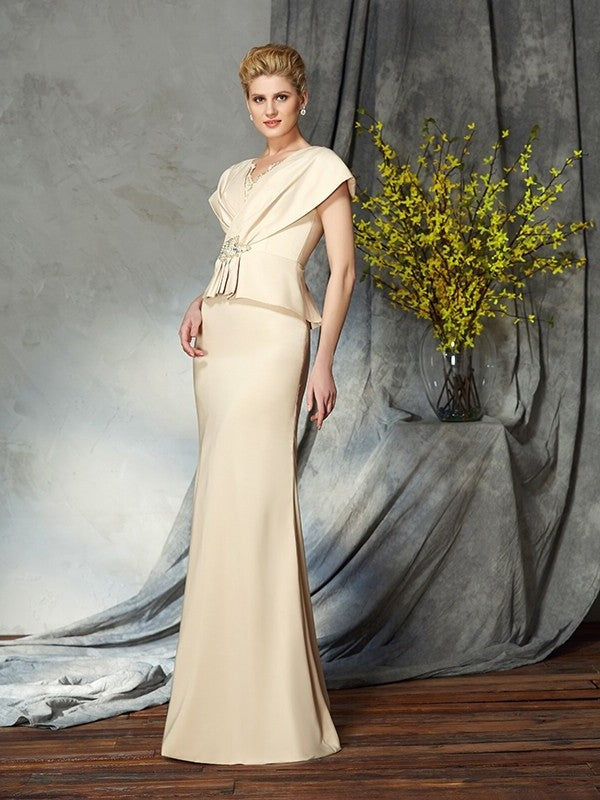 Silk Sleeves Satin Mother of Sheath/Column V-neck Long Beading Short like the Bride Dresses