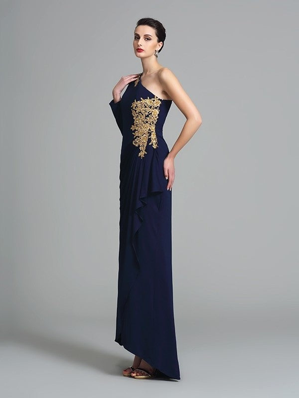 Sheath/Column Long Embroidery Sleeves One-Shoulder Long Spandex Dresses