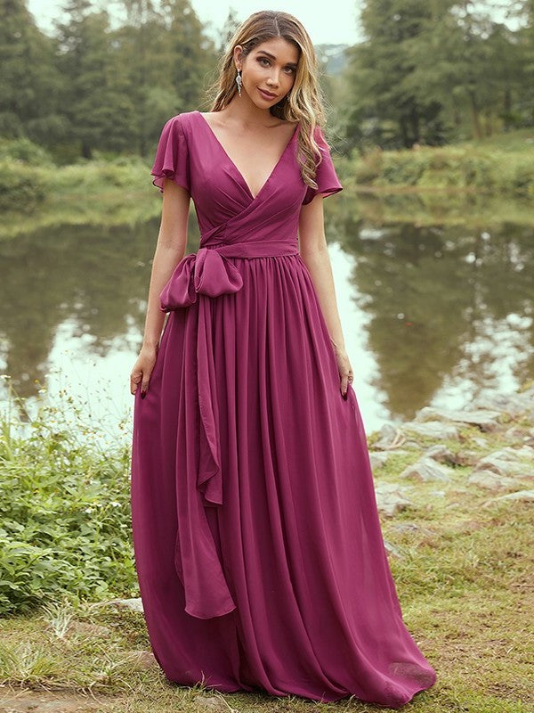 Sleeves Chiffon Ruffles Short A-Line/Princess V-neck Floor-Length Bridesmaid Dresses