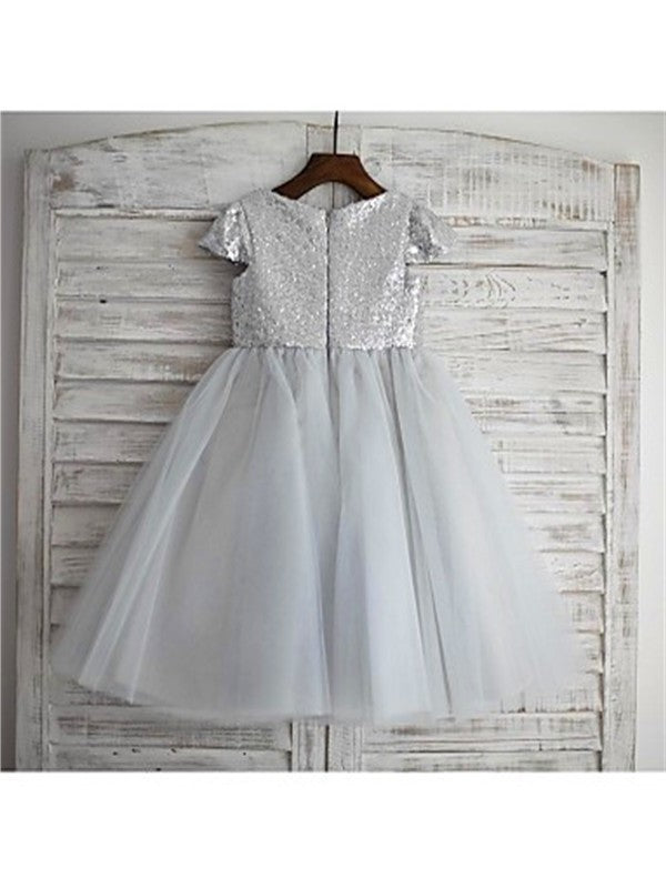 Sequin Tulle Short Sleeves A-line/Princess Tea-Length Scoop Flower Girl Dresses