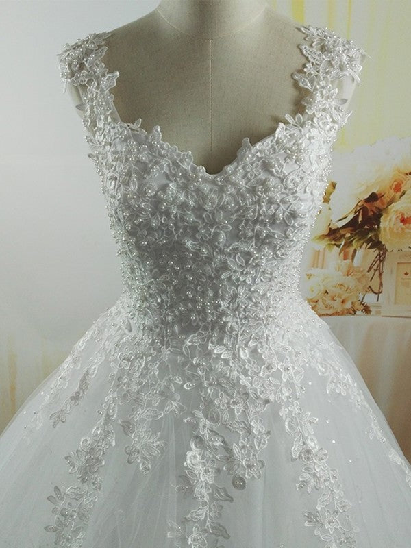 Sweetheart Ball Applique V-neck Gown Sleeveless Floor-Length Tulle Wedding Dresses