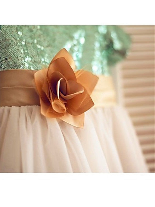 A-line/Princess Short Scoop Sequin Tulle Tea-Length Sleeves Flower Girl Dresses