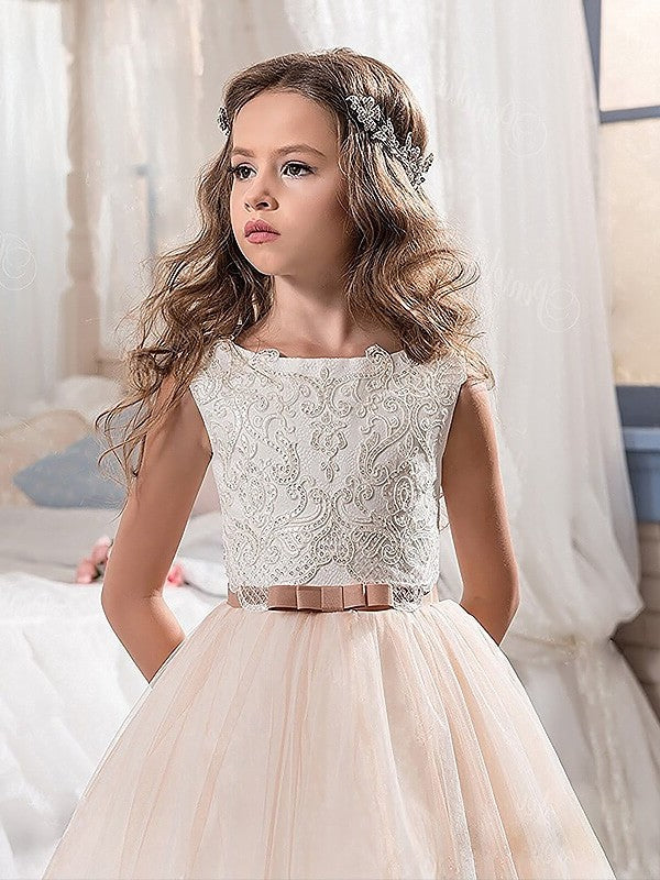 Gown Train Ball Jewel Sweep/Brush Tulle Lace Sleeveless Flower Girl Dresses