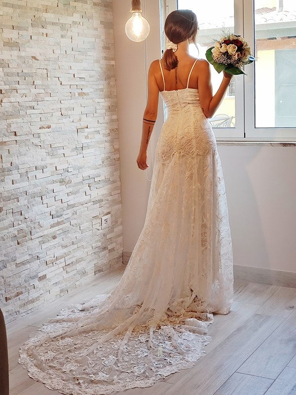 Lace Sheath/Column Spaghetti Sleeveless Applique Straps Court Train Wedding Dresses