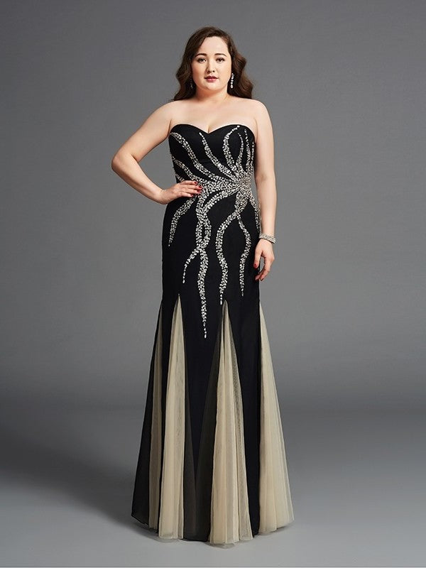 Beading Sleeveless Long Chiffon Sweetheart Sheath/Column Plus Size Dresses