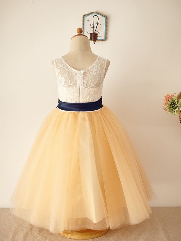 Sleeveless Tulle Lace Floor-Length A-Line/Princess Scoop Flower Girl Dresses