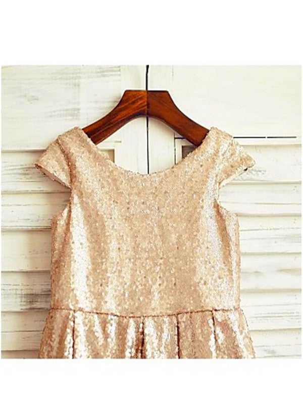 Tea-Length Short Sequins A-line/Princess Scoop Sleeves Flower Girl Dresses