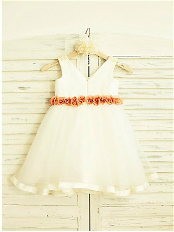 Tea-Length Tulle Sleeveless A-line/Princess Flower V-neck Hand-made Flower Girl Dresses