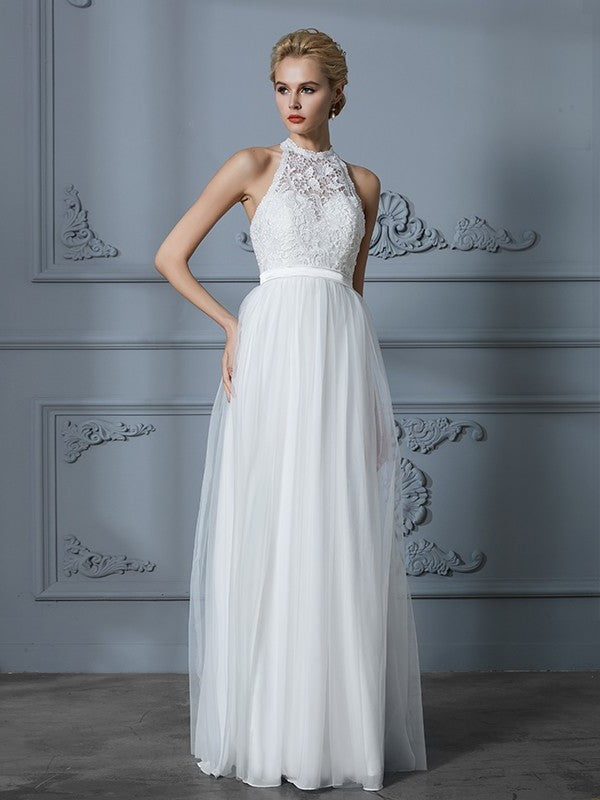 Sleeveless Scoop A-Line/Princess Tulle Floor-Length Wedding Dresses