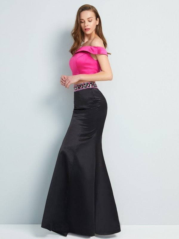 Off-the-Shoulder Floor-Length Sleeveless Satin Beading Trumpet/Mermaid Two Piece Dresses