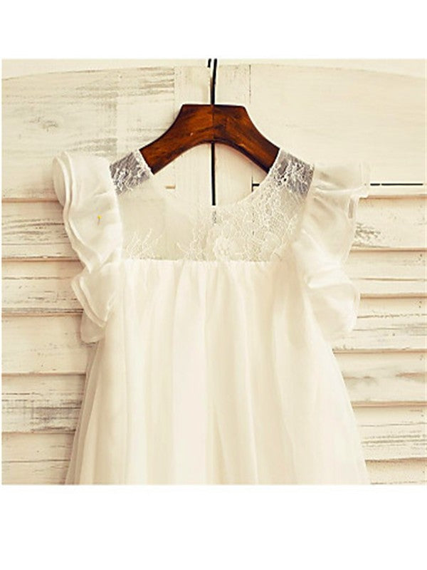 Chiffon Lace Scoop Short Tea-Length A-line/Princess Sleeves Flower Girl Dresses