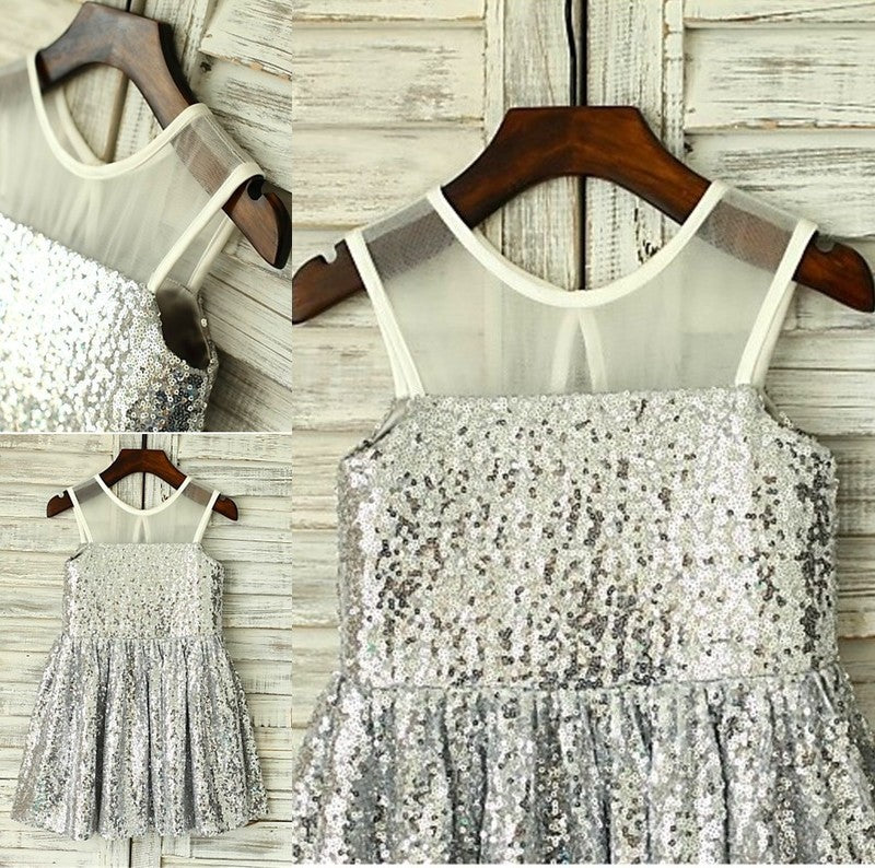 Tea-Length Scoop Sleeveless Sequins A-line/Princess Flower Girl Dresses