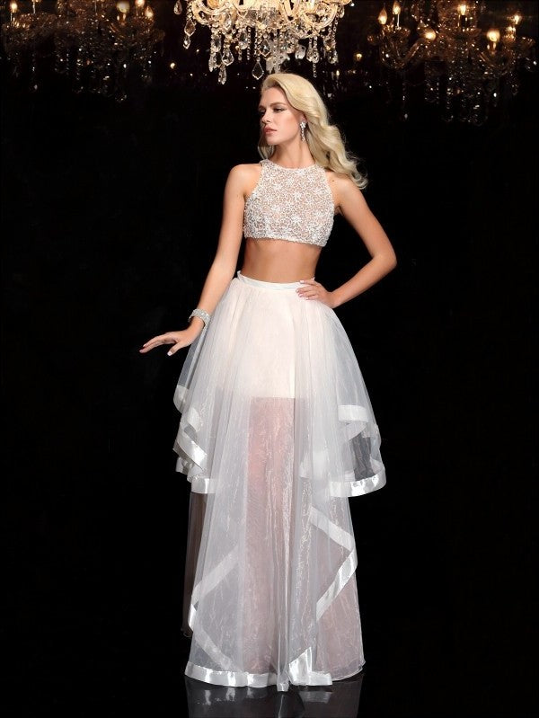 Scoop Long A-Line/Princess Applique Tulle Sleeveless Two Piece Dresses