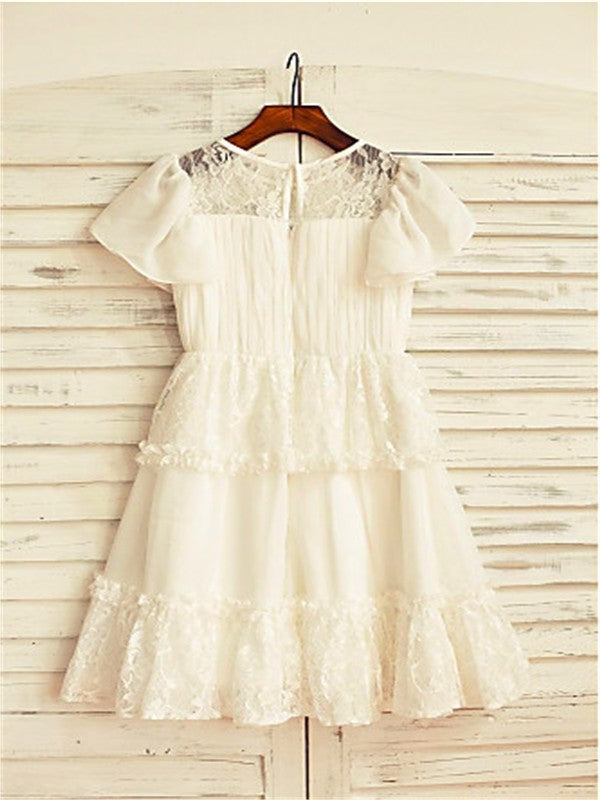 Short Scoop Lace Chiffon Tea-Length A-line/Princess Sleeves Flower Girl Dresses