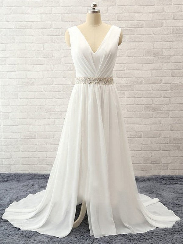 Train Sweep/Brush A-Line/Princess Sleeveless V-neck Beading Chiffon Wedding Dresses