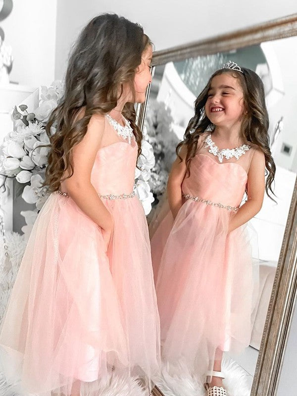 Tulle A-Line/Princess Scoop Tea-Length Sleeveless Beading Flower Girl Dresses