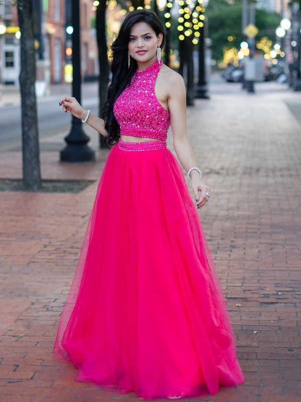 Tulle A-Line/Princess Beading Floor-Length Sleeveless Halter Two Piece Dresses