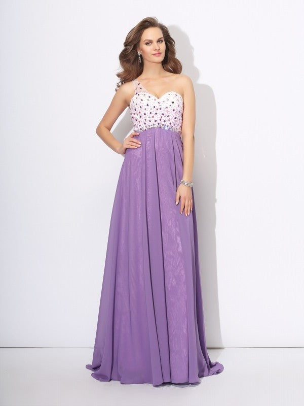 Crystal One-Shoulder Sleeveless A-Line/Princess Long Chiffon Dresses