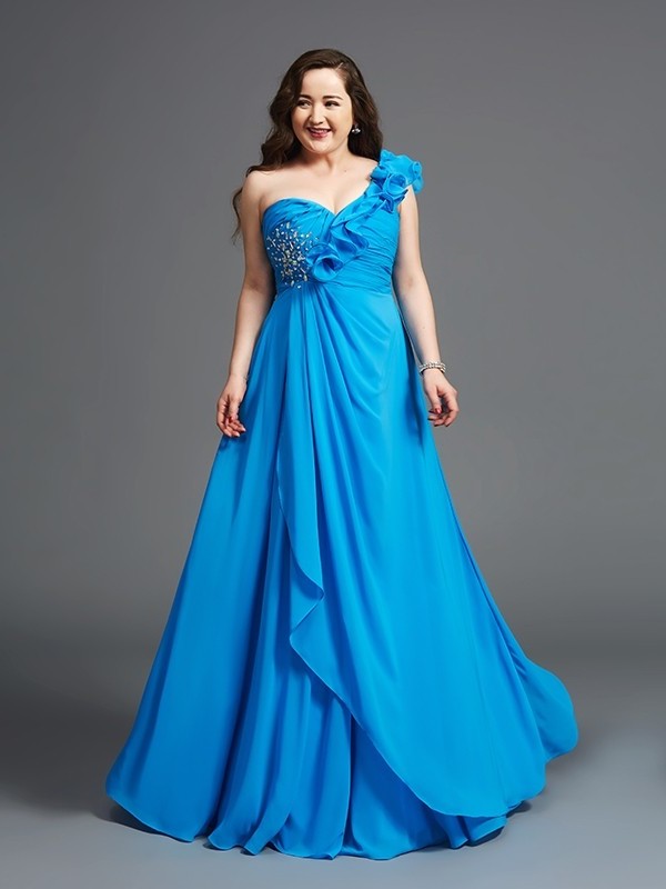 Sleeveless Chiffon Long Rhinestone A-Line/Princess One-Shoulder Plus Size Dresses