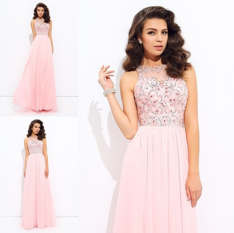 Sleeveless Jewel A-line/Princess Beading Long Chiffon Dresses