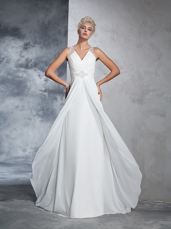 Sleeveless Ruched Long V-neck A-Line/Princess Chiffon Wedding Dresses