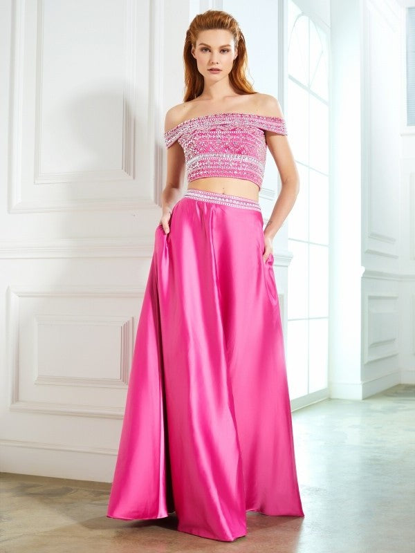 Off-the-Shoulder A-Line/Princess Sleeveless Beading Satin Floor-Length Two Piece Dresses