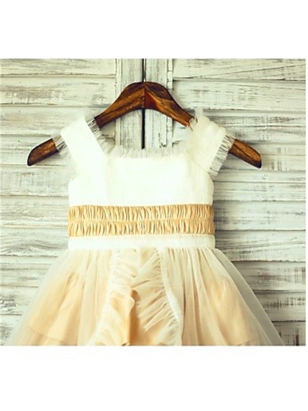 Square Satin Tea-Length Layers Sleeveless A-line/Princess Flower Girl Dresses