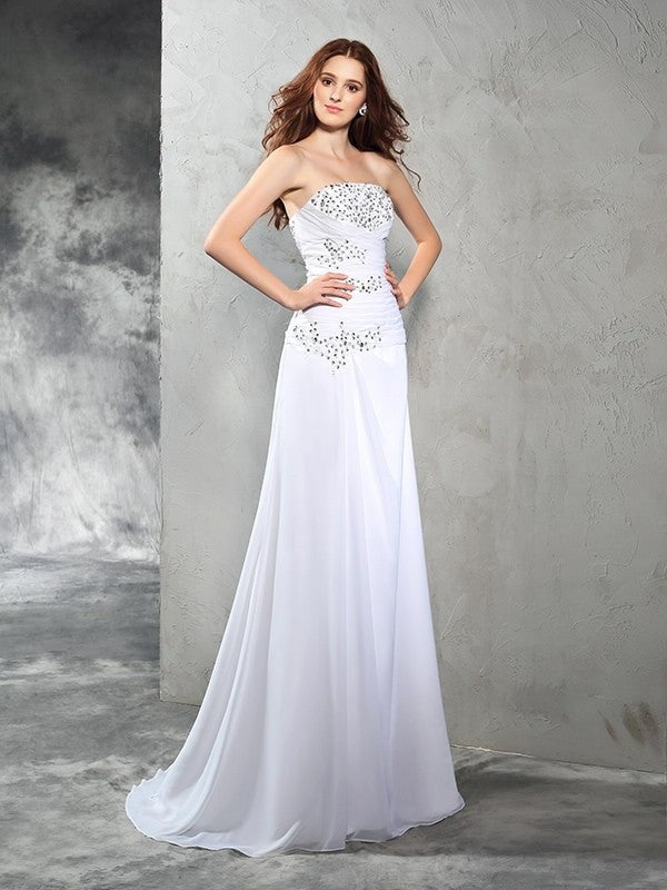 Sheath/Column Strapless Long Beading Sleeveless Chiffon Wedding Dresses