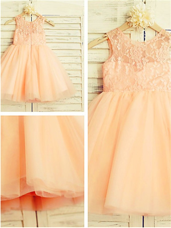 Lace Tea-Length Tulle Scoop A-line/Princess Sleeveless Flower Girl Dresses