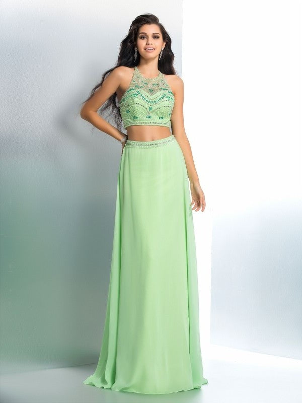 Chiffon Long Halter Beading Sleeveless A-Line/Princess Two Piece Dresses