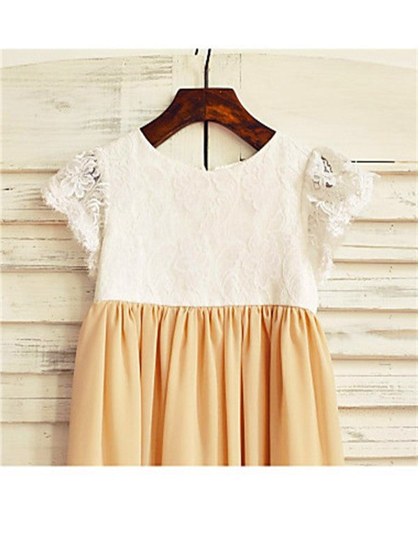 Scoop Tea-Length Chiffon A-line/Princess Sleeves Short Flower Girl Dresses