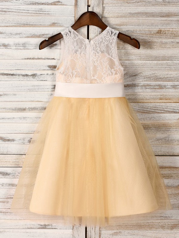 Sash/Ribbon/Belt Tulle Tea-Length Scoop A-Line/Princess Sleeveless Flower Girl Dresses