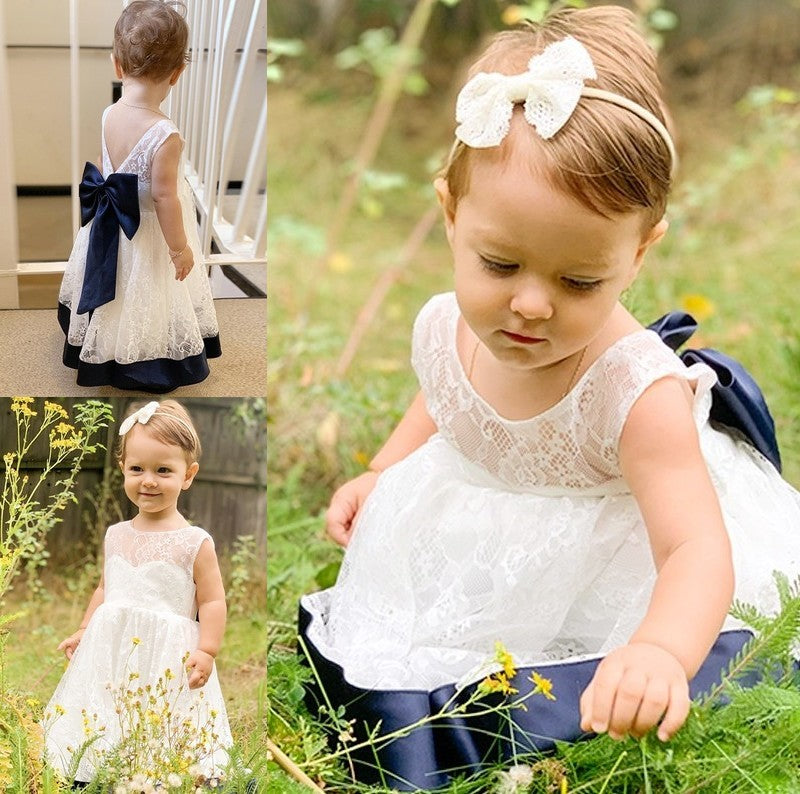 Bowknot Scoop Lace Sleeveless A-Line/Princess Tea-Length Flower Girl Dresses