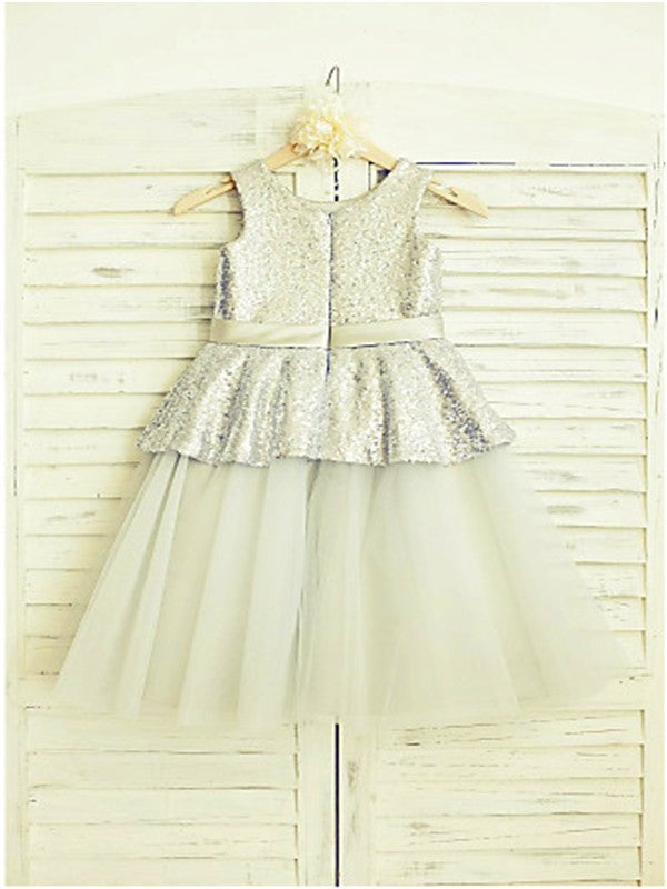 Sleeveless Tulle Sequin A-line/Princess Scoop Tea-Length Flower Girl Dresses