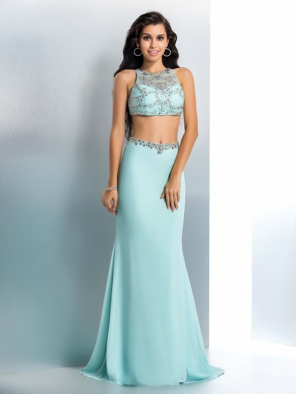 Beading Sleeveless Chiffon Trumpet/Mermaid Long Scoop Two Piece Dresses