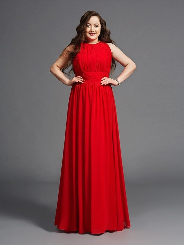 Chiffon Long Jewel A-Line/Princess Sleeveless Ruched Plus Size Dresses