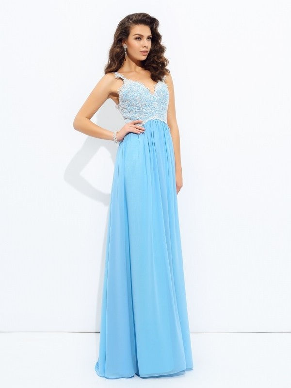 Sleeveless A-Line/Princess V-neck Lace Long Chiffon Dresses