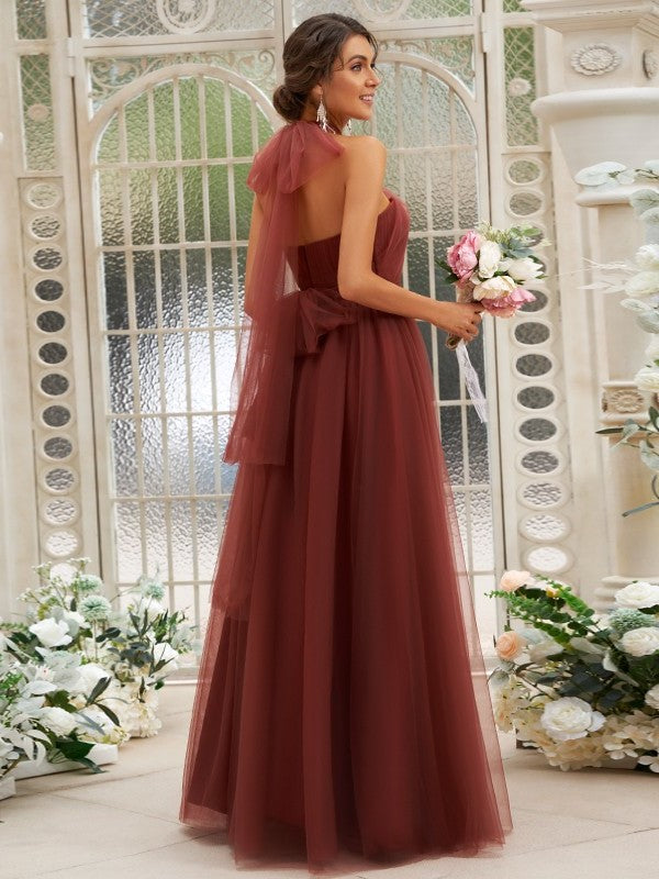 Sleeveless Halter Ruffles A-Line/Princess Tulle Floor-Length Bridesmaid Dresses