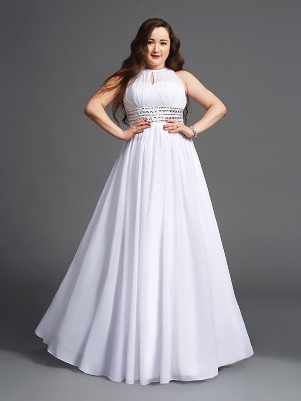 A-Line/Princess Jewel Sleeveless Long Chiffon Beading Plus Size Dresses