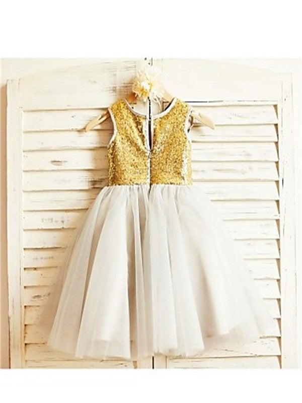 Sleeveless Sequin Tea-Length A-line/Princess Scoop Tulle Flower Girl Dresses