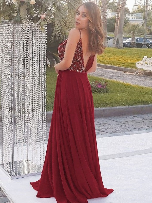 Beading Chiffon Spaghetti Straps A-Line/Princess Sleeveless Floor-Length Dresses