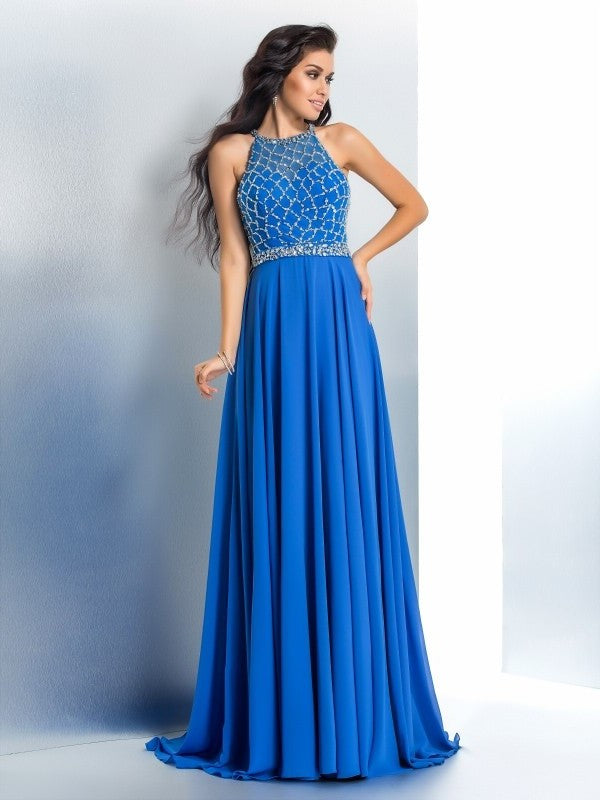 A-Line/Princess Beading Long Scoop Sleeveless Chiffon Dresses