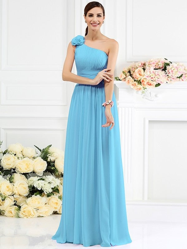 Long Hand-Made A-Line/Princess Pleats Sleeveless Flower One-Shoulder Chiffon Bridesmaid Dresses